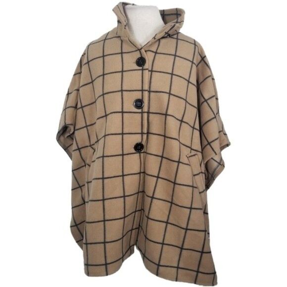 Le Moda  OSFM Cozy 4 Button Tan & Black Windowpane Fleece Poncho/Cape OSFM - Picture 3 of 6